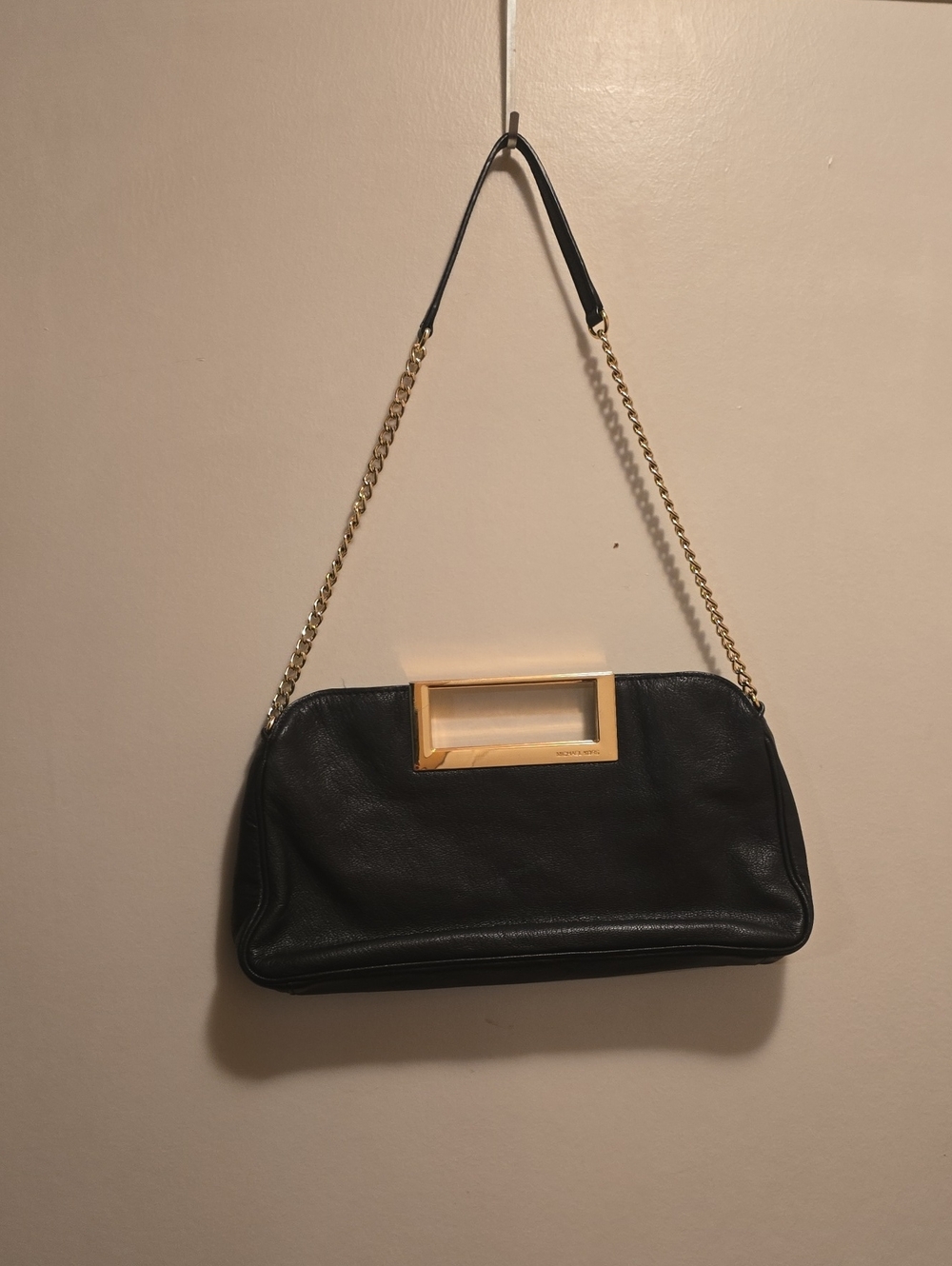 Micheal Kors Black Leather Shoulder Bag with Gold Chain Handle